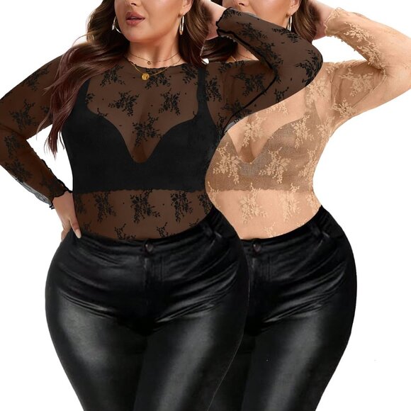 Sophisticated Plus Size Sheer Mock Neck Top in Black and Champagne Colors - Picture 1 of 3